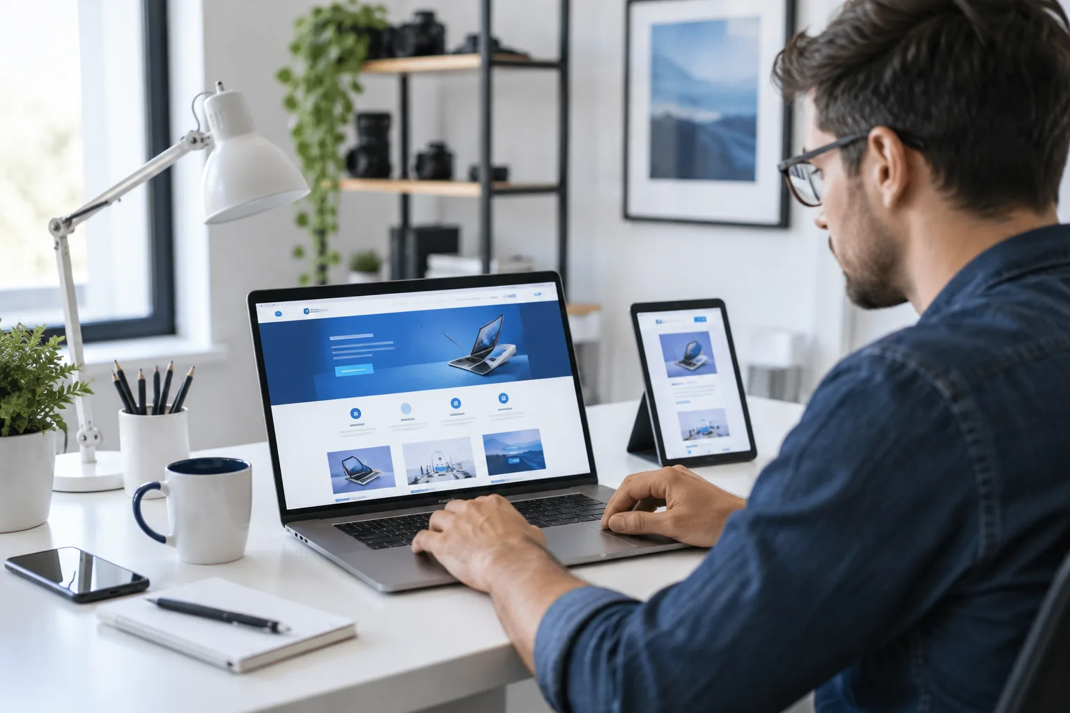 Developer designing a responsive website on a laptop