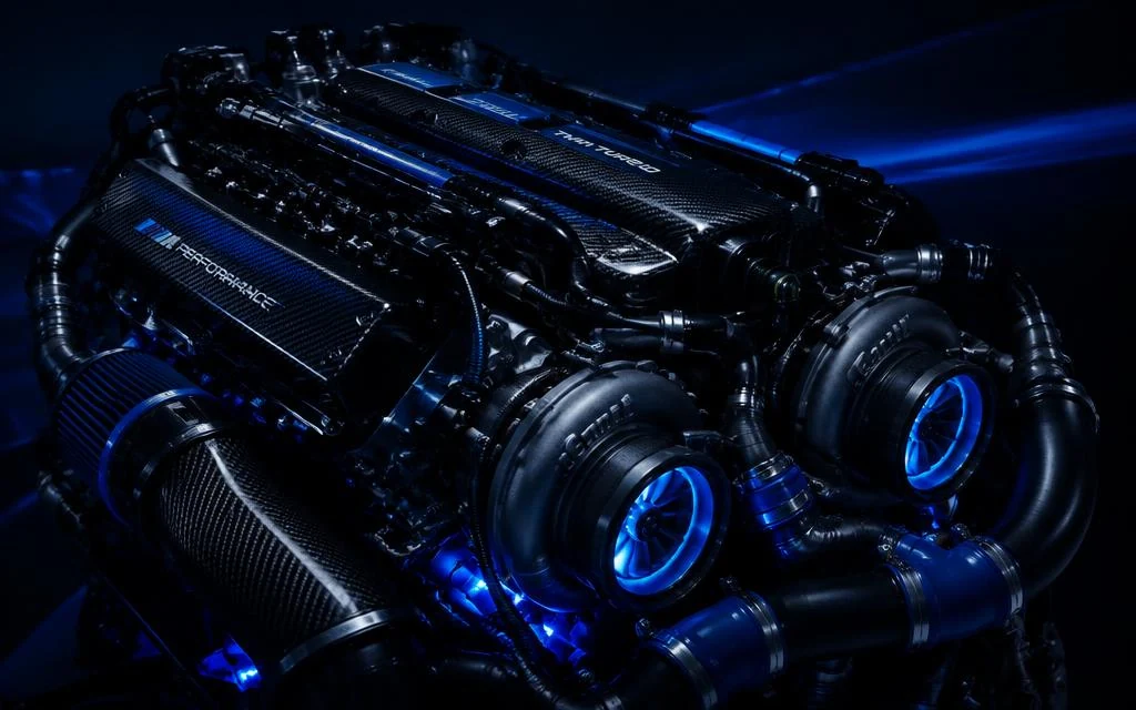 Performance engine with blue accent lighting