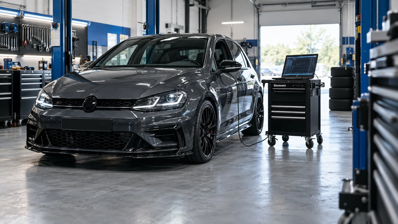 Car and diagnostic laptop in a tuning workshop